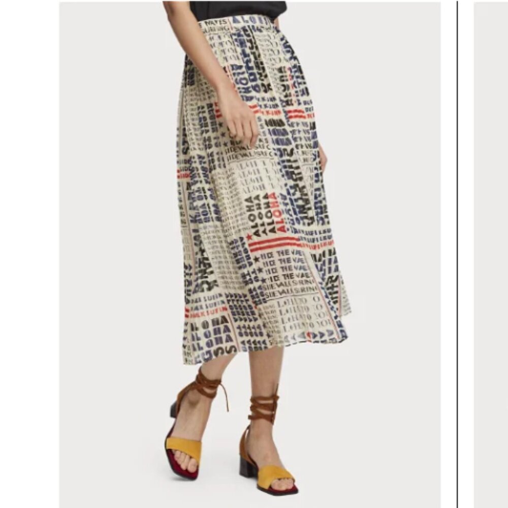 Scotch & Soda "Les Tropiques" Aloha Text Pleated Chiffon Midi Skirt